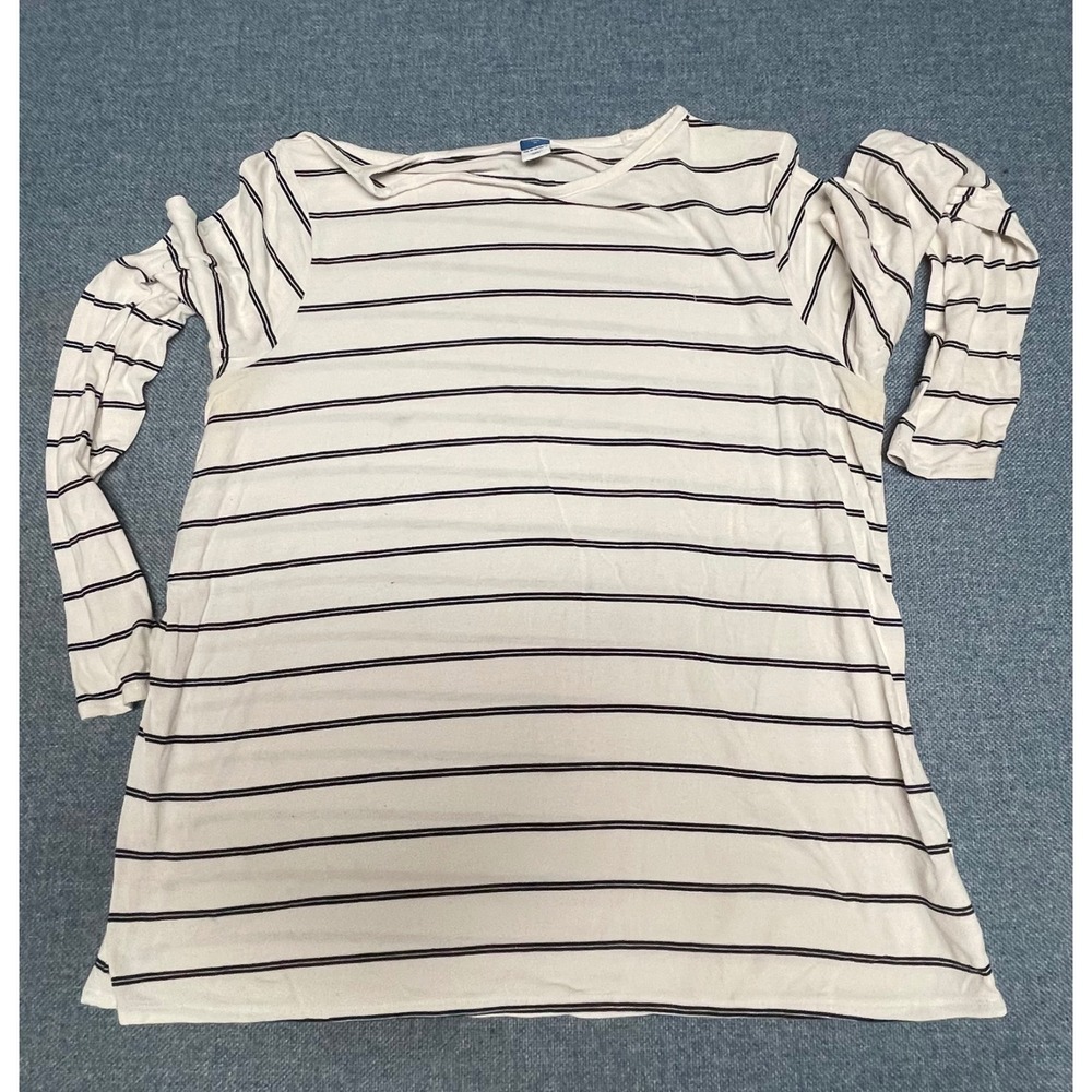 Old Navy Luxe Womens Medium White Navy Blue Striped Long Sleeve Boat Neck Top